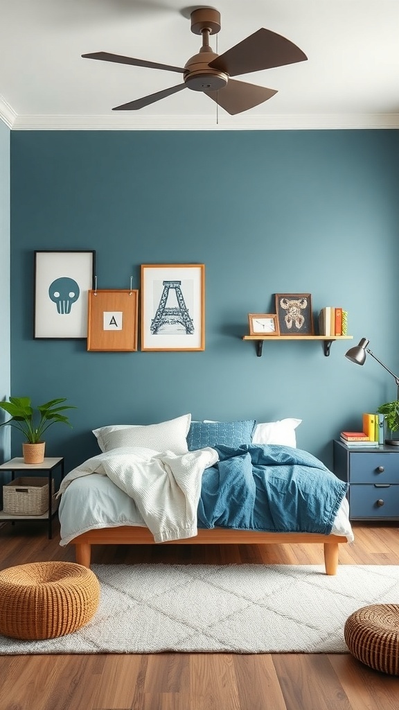A stylish boys room featuring a deep blue wall, cozy bedding, and playful decor.