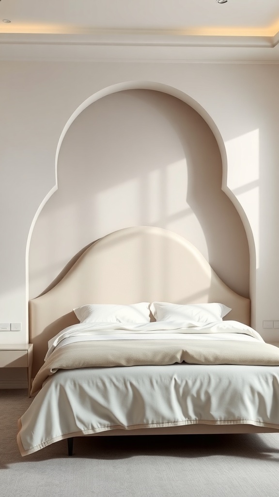 A modern bedroom featuring a curved and sculptural headboard in soft beige, creating an elegant and inviting atmosphere.