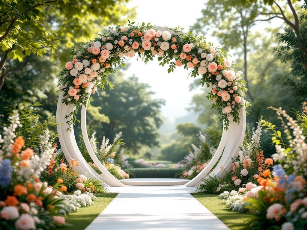 A curved wedding ceremony arch adorned with flowers, set in a lush garden.