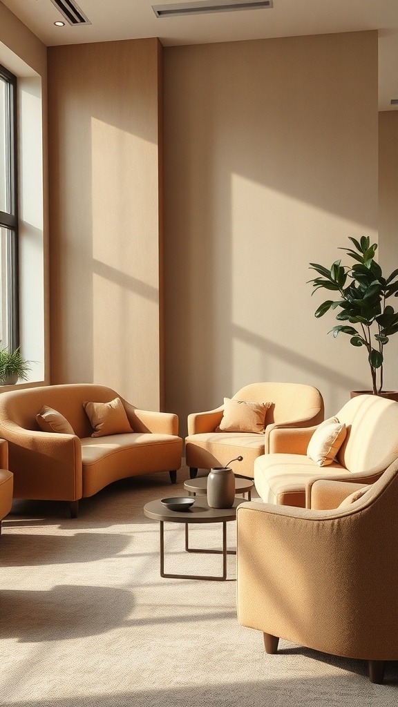 A cozy seating area featuring curved furniture in warm tones, with natural light illuminating the space.