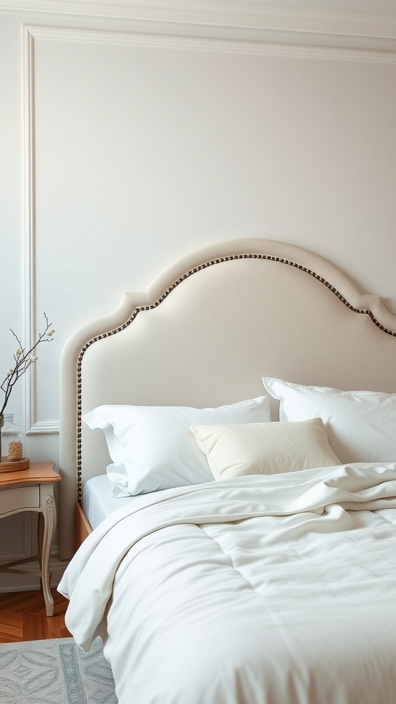 A cozy bedroom featuring a curved headboard with nailhead trim, soft white bedding, and a warm wooden nightstand.