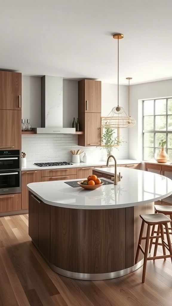 A modern kitchen featuring a curved island with a sleek countertop and warm wood cabinetry.