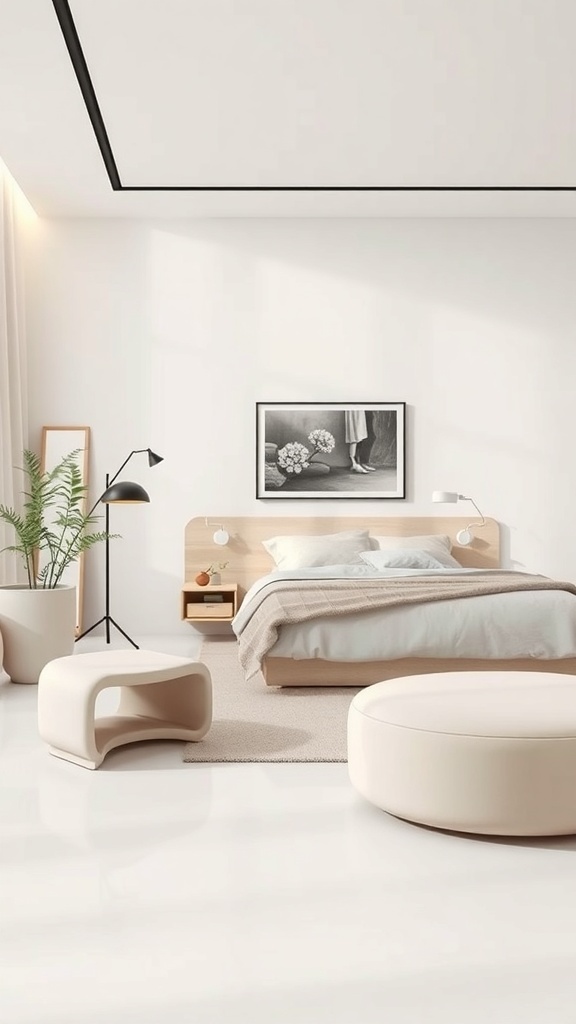 A modern bedroom featuring curved furniture and soft edges, creating a warm and inviting atmosphere.