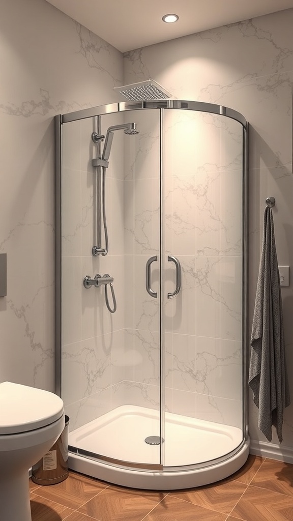 Curved shower enclosure in a small bathroom with modern design.