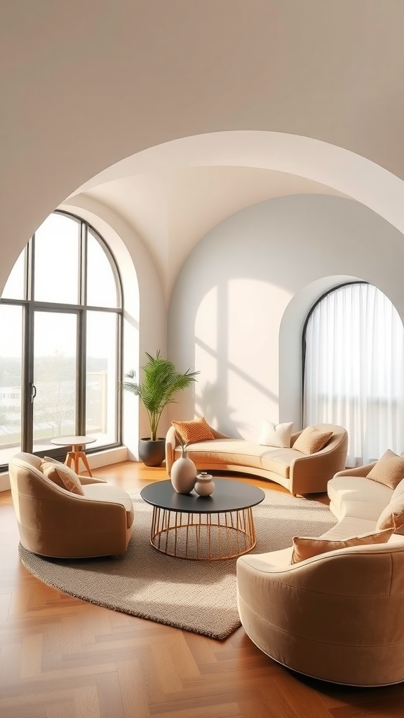 A cozy living room featuring rounded sofas, a circular table, and gentle arches, with natural light streaming in through large windows.