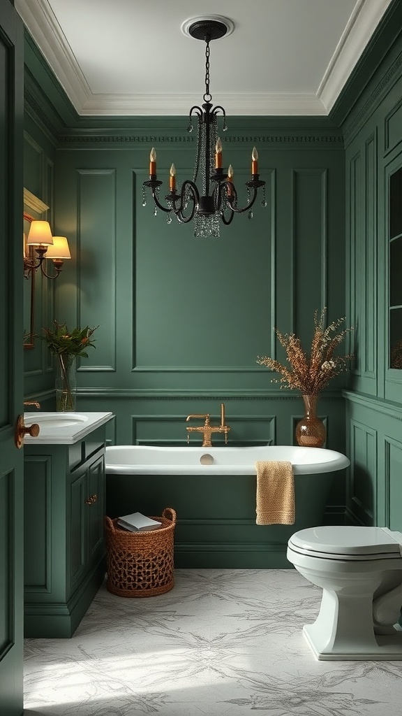 A luxurious bathroom featuring Cushing Green walls, elegant fixtures, and a cozy atmosphere.