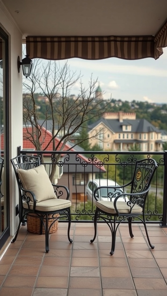 A balcony with cushioned iron chairs and ornate railings overlooking a scenic view.
