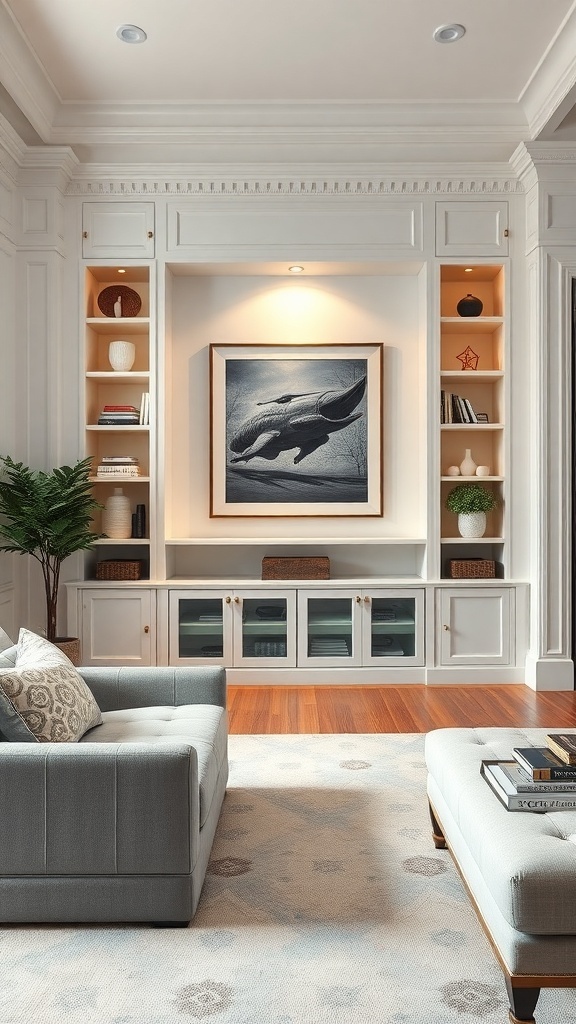 A modern living room with a custom built-in sofa table that matches the cabinetry.