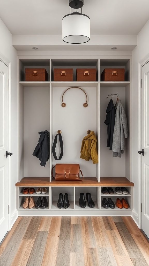 A modern entryway with a custom built-in unit featuring shelves, hooks, and a shoe storage area.