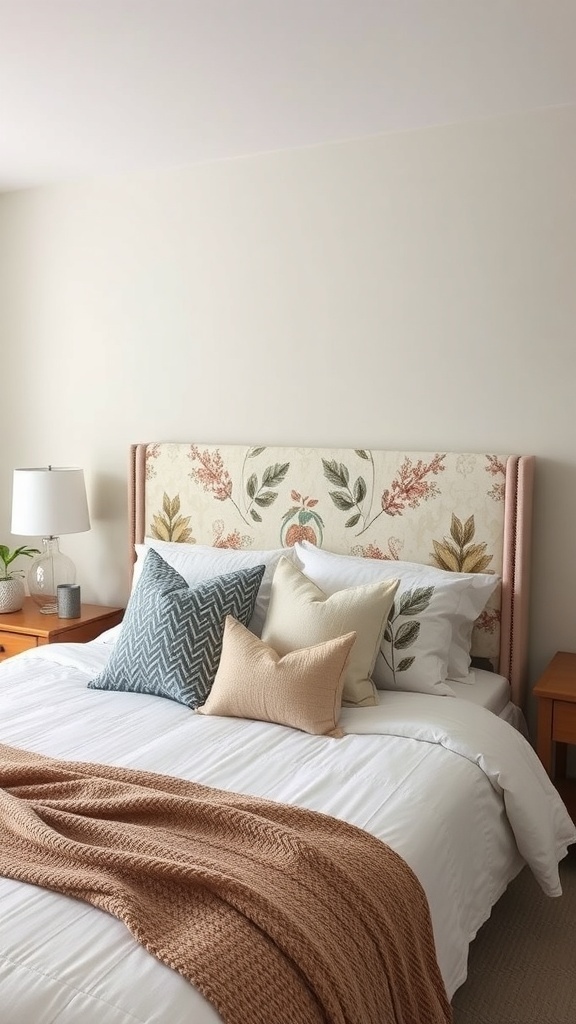 A cozy bedroom featuring a floral fabric headboard with decorative pillows and a warm blanket.