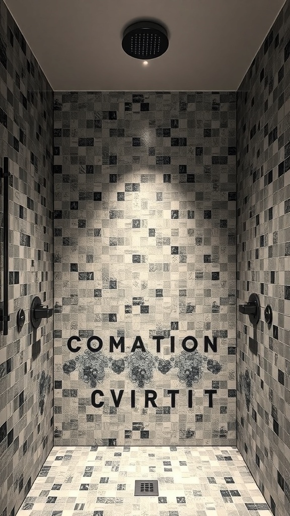 A modern shower featuring a custom mosaic mural with gray and black tiles.