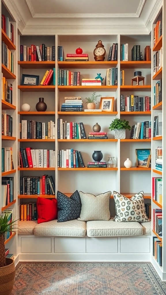 A cozy reading nook with custom shelving filled with books, warm lighting, and comfortable cushions.