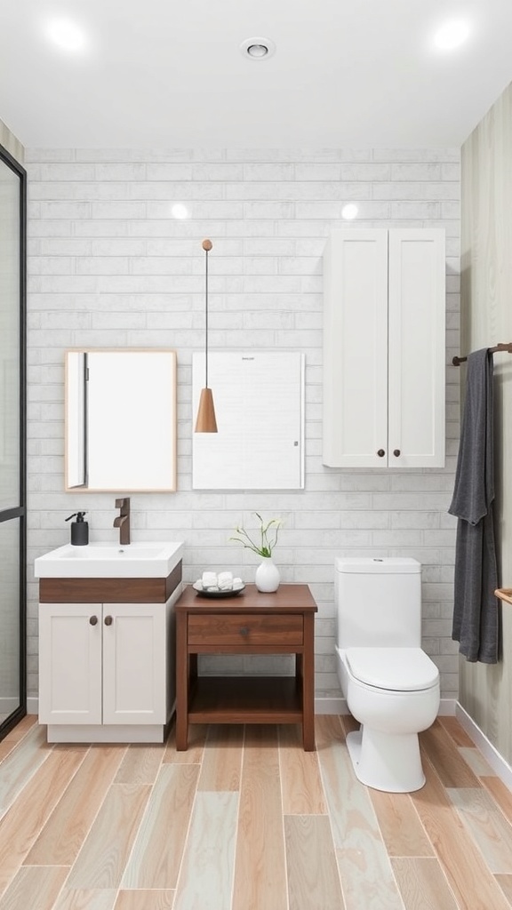 A modern bathroom featuring a stylish vanity unit with a mix of cabinetry and open shelving.