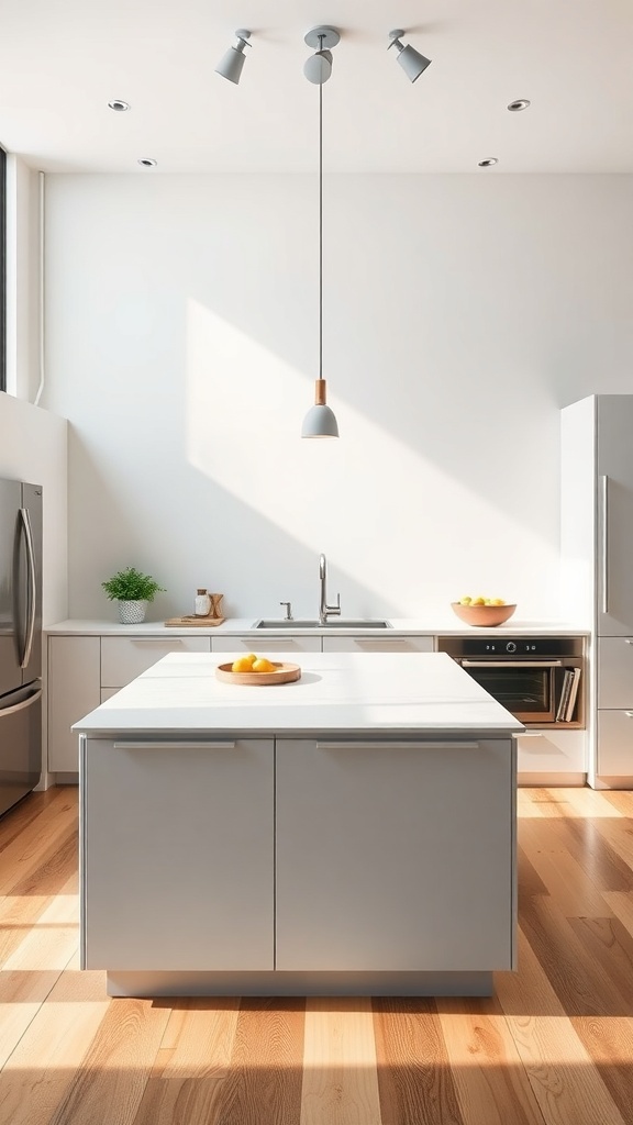 A modern kitchen featuring a customizable modular island with a sleek design and minimalist aesthetic.