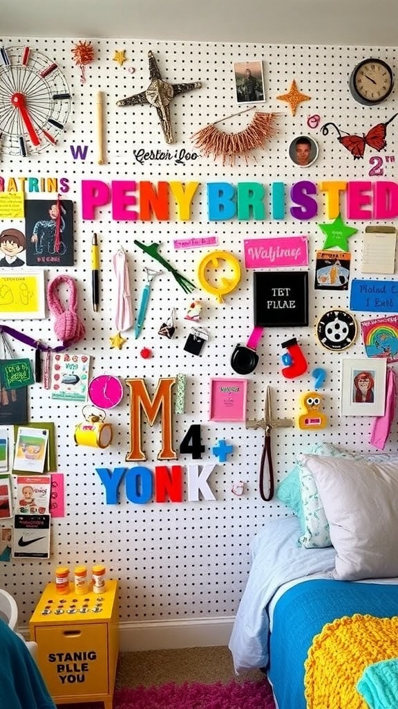 Colorful pegboard wall filled with letters, photos, and decorative items in a teen bedroom.