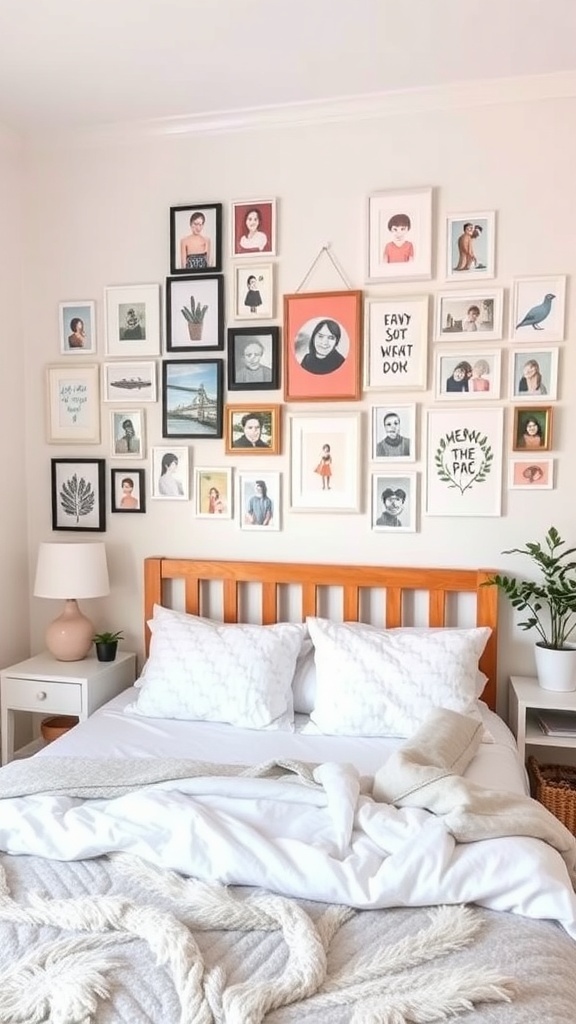 A cozy bedroom with a gallery wall of framed artwork and photos above the bed.