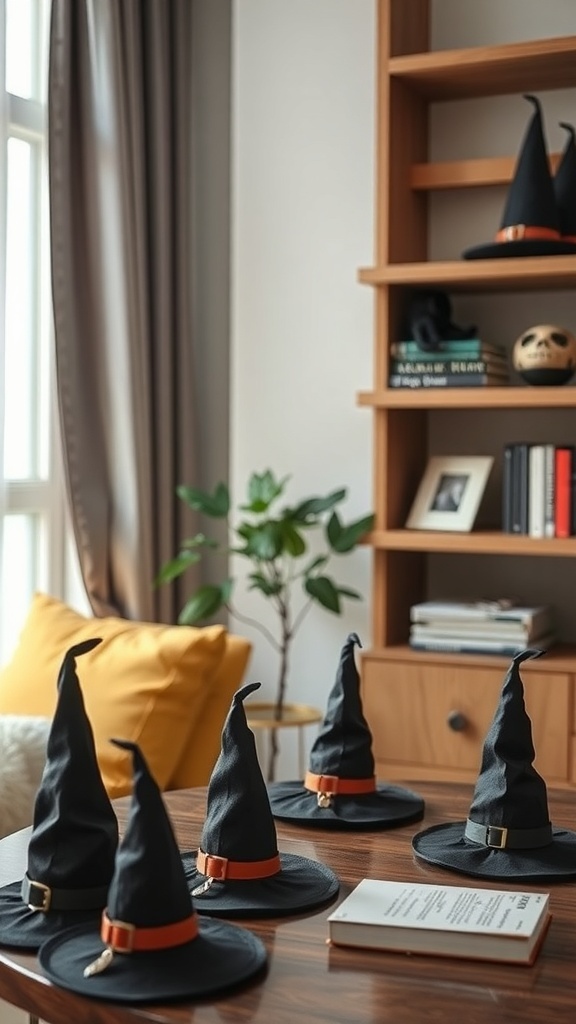 A collection of mini black witch hats with colorful belts displayed on a wooden table in a cozy apartment setting.