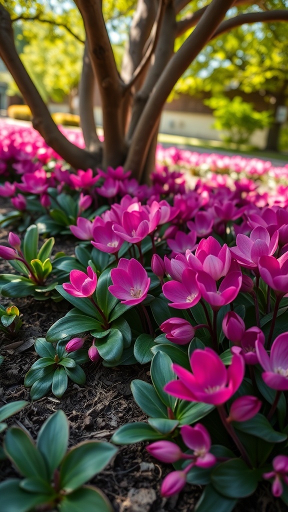 A vibrant display of pink cyclamen flowers blooming under a tree, showcasing their jewel-toned beauty in a shaded area.