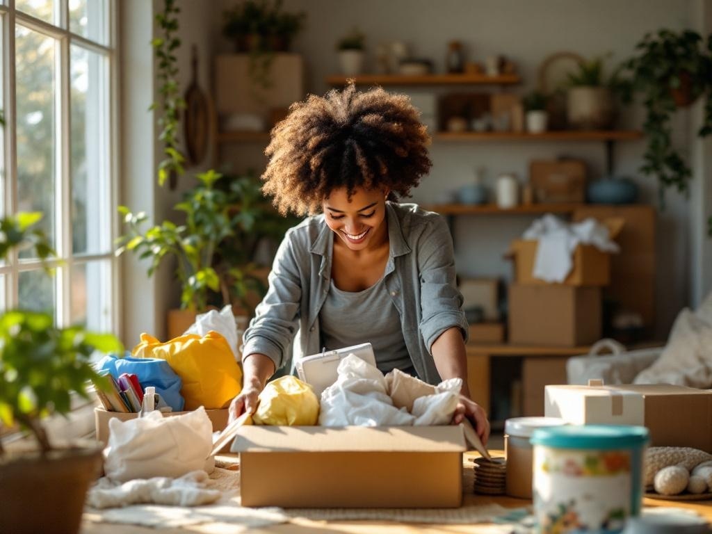 A person happily decluttering a box in a bright, plant-filled room.