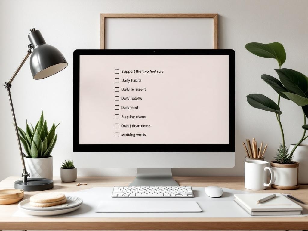 A computer screen displaying a checklist with items related to daily habits for organizing, alongside a tidy desk with plants and stationery.