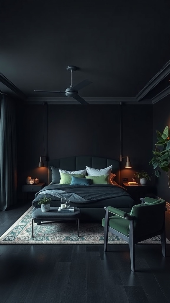 A stylish bedroom featuring a dark color palette with green accents, showcasing a cozy and intimate atmosphere.