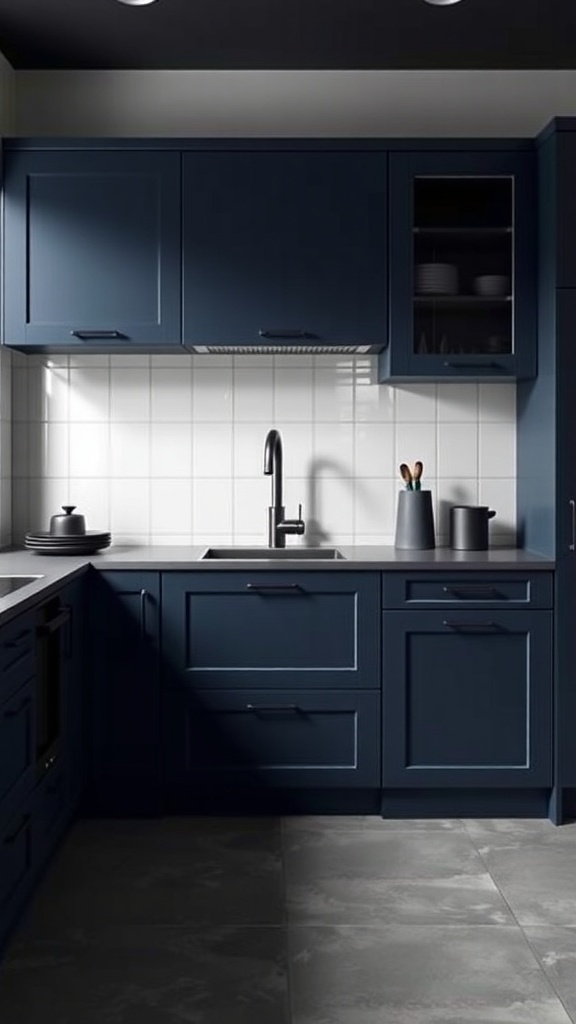 A modern kitchen featuring dark blue cabinets and matte black fixtures, showcasing a sleek and sophisticated design.