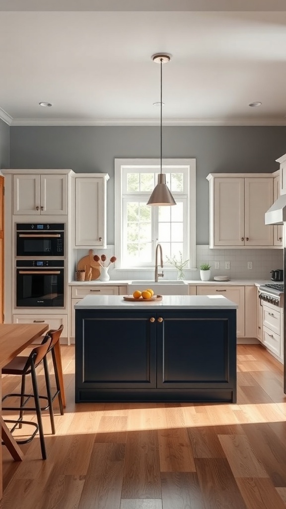 A modern kitchen featuring a dark blue island with gold hardware, light wood flooring, and gray walls.