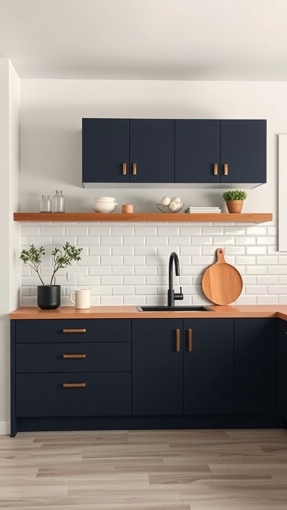 A modern kitchen featuring dark blue cabinets with wooden countertops and open shelving, accented with brass hardware and plants.