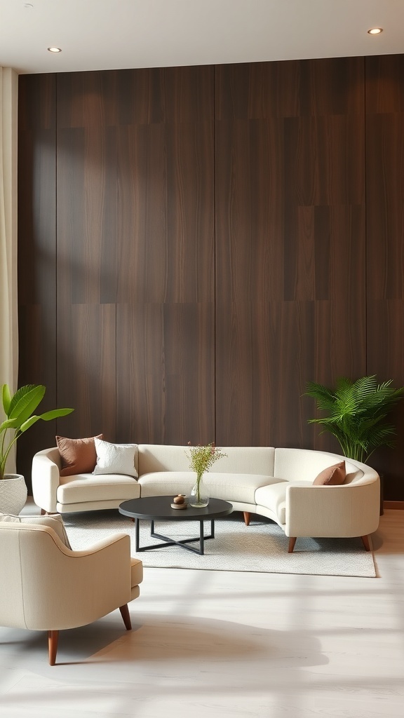 Cozy living room with a dark chocolate accent wall and modern furniture
