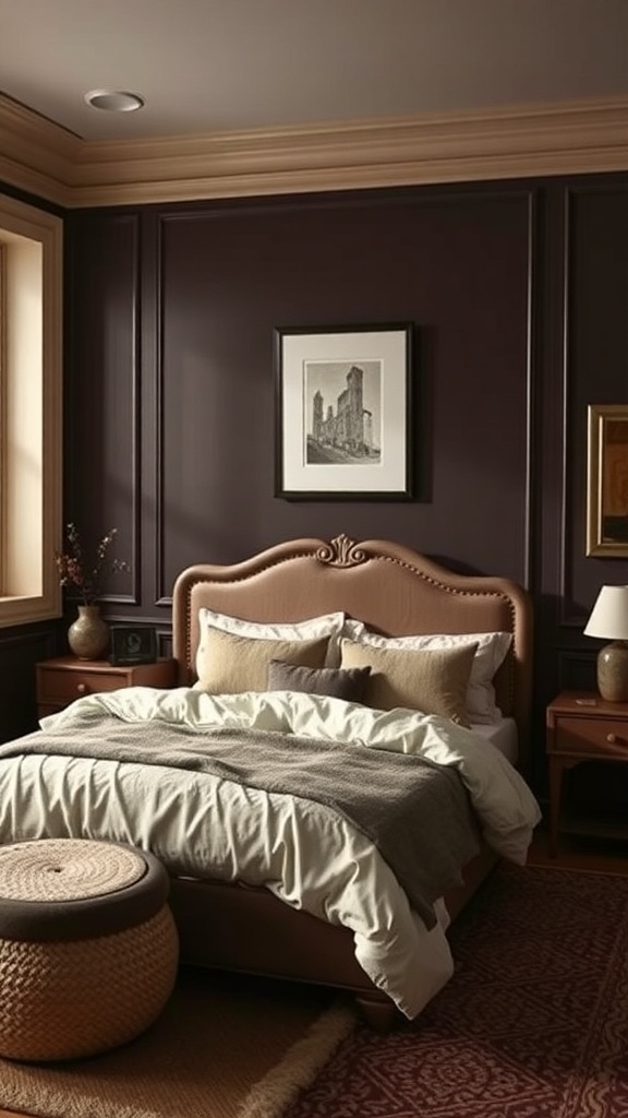 A cozy bedroom featuring dark chocolate brown walls with cream trim, a plush bed, and warm accents.