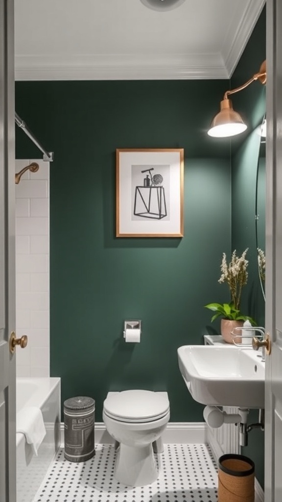 A stylish bathroom featuring a dark green accent wall, white fixtures, and brass accents.