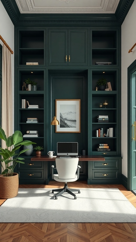 A stylish home office featuring dark green built-in shelving, a wooden desk, and a modern office chair.