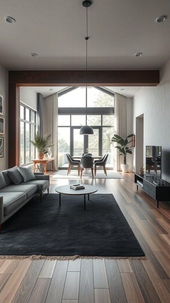 A modern living room featuring a dark rug, light wood flooring, and stylish furniture.