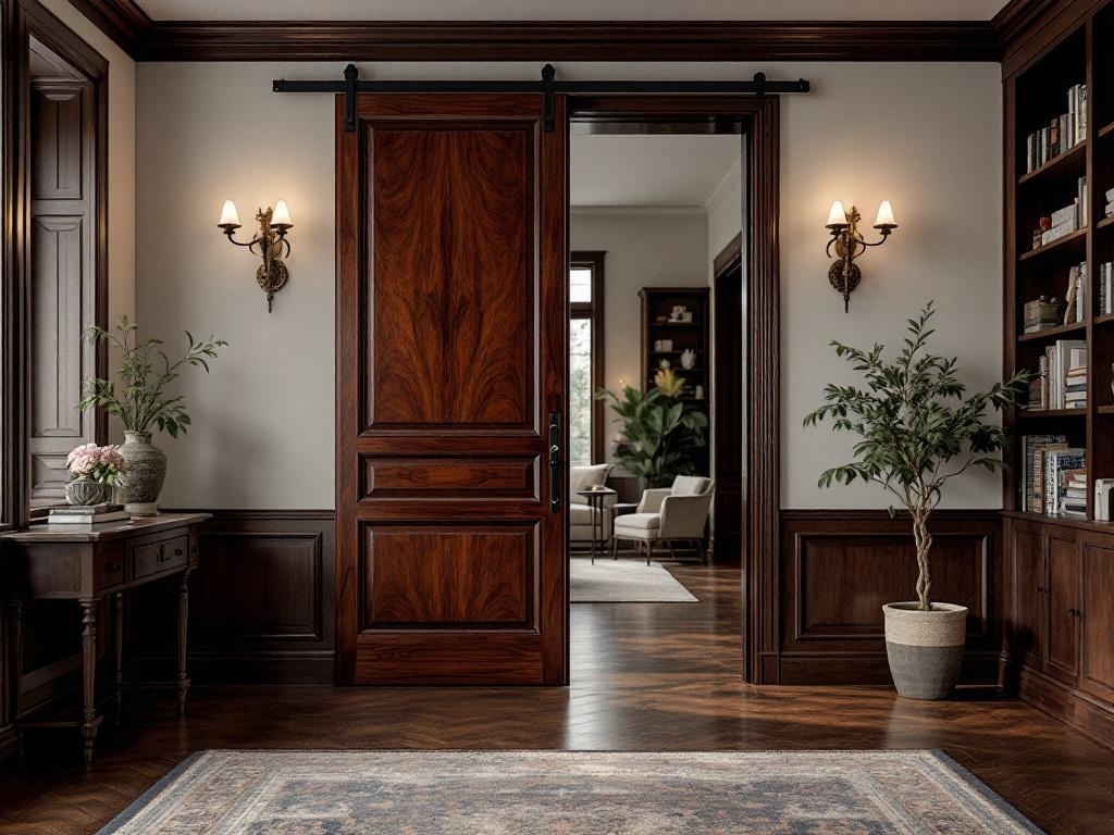 A dark mahogany barn door in a stylish interior, showcasing rich wood tones and elegant design.