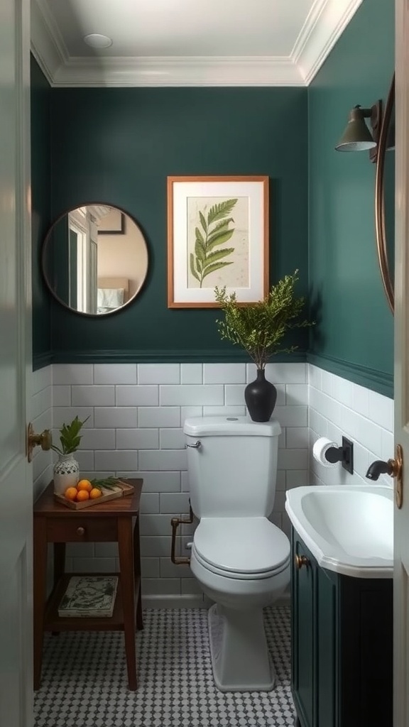 A small powder room featuring a dark green wall, white tiles, and stylish decor elements.