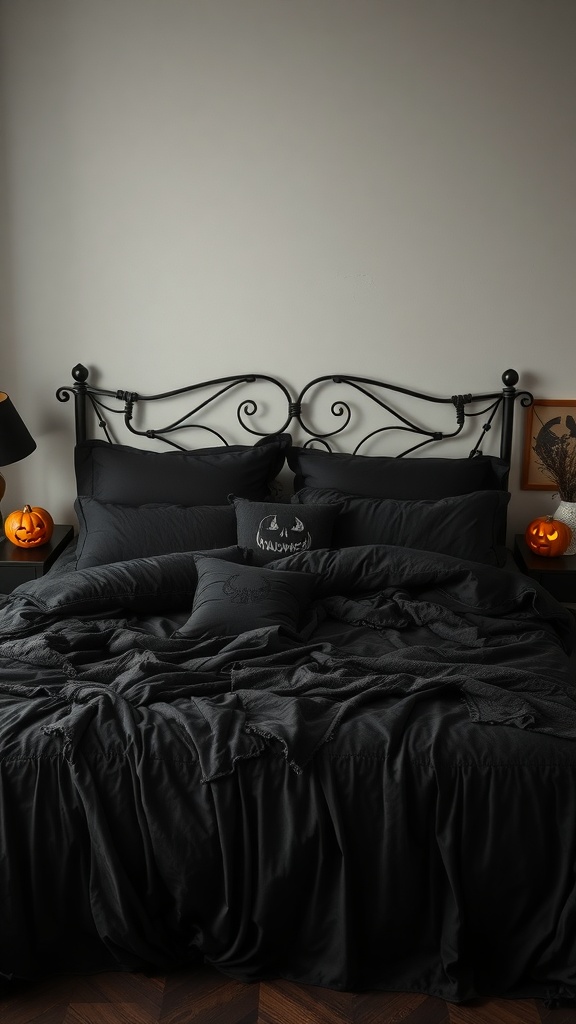 A cozy bed with dark textured bedding, decorated with Halloween-themed accents like pumpkin lamps.