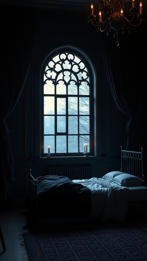 A gothic bedroom with dark velvet drapes, a large arched window, and candles.