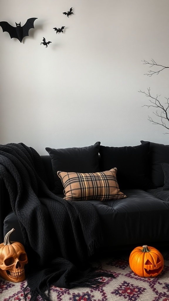 A black sofa adorned with dark velvet pillows and a throw, featuring Halloween decorations like a skull and pumpkins.