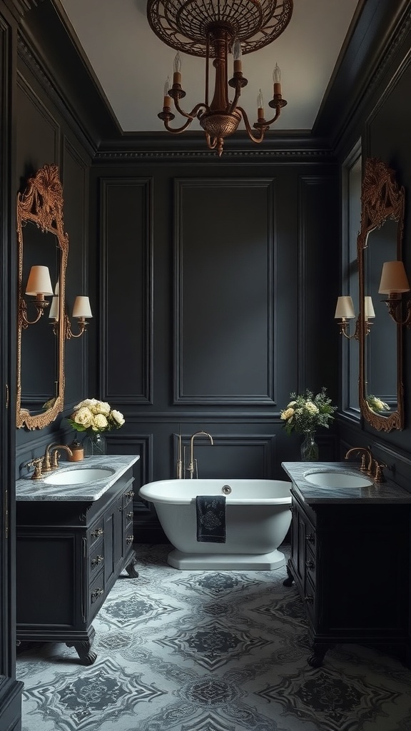 A luxurious dark Victorian style bathroom featuring ornate mirrors, a chandelier, and a freestanding tub.