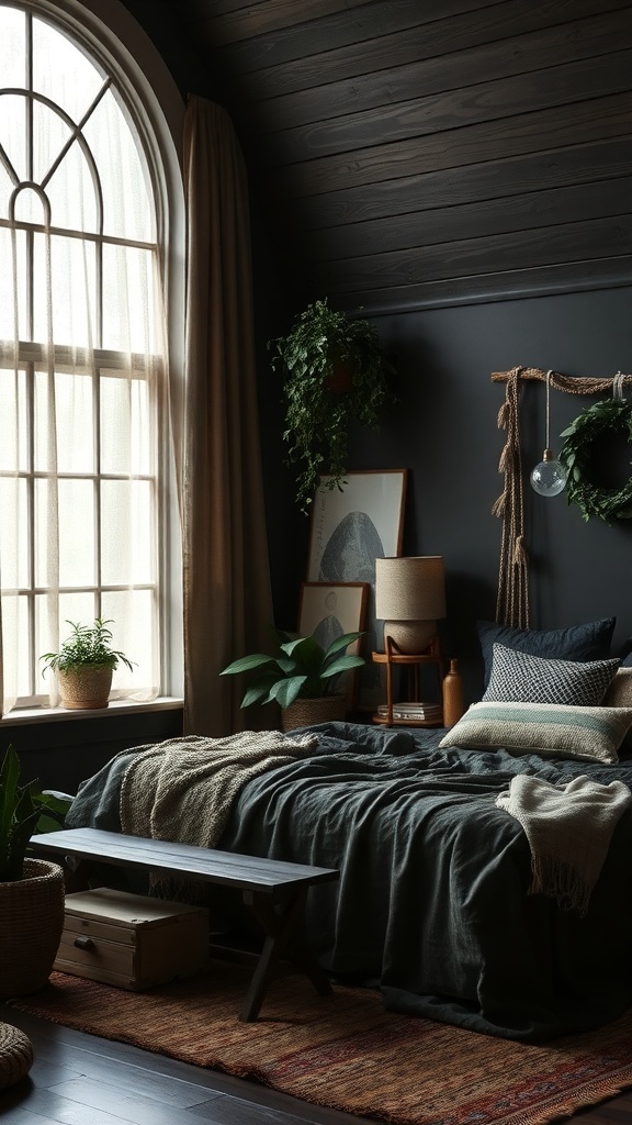 A dark boho bedroom featuring dark wood elements and earthy green plants, creating a cozy and inviting atmosphere.