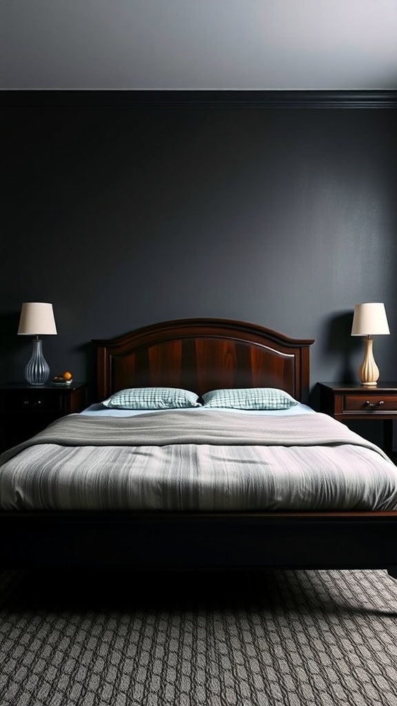 A dark academia bedroom featuring dark wood furniture, including a bed with a classic headboard and matching nightstands, set against a dark gray wall.