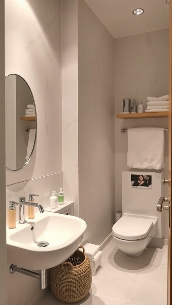 A modern, stylish bathroom featuring a round mirror, neatly arranged towels, and a woven basket for storage.