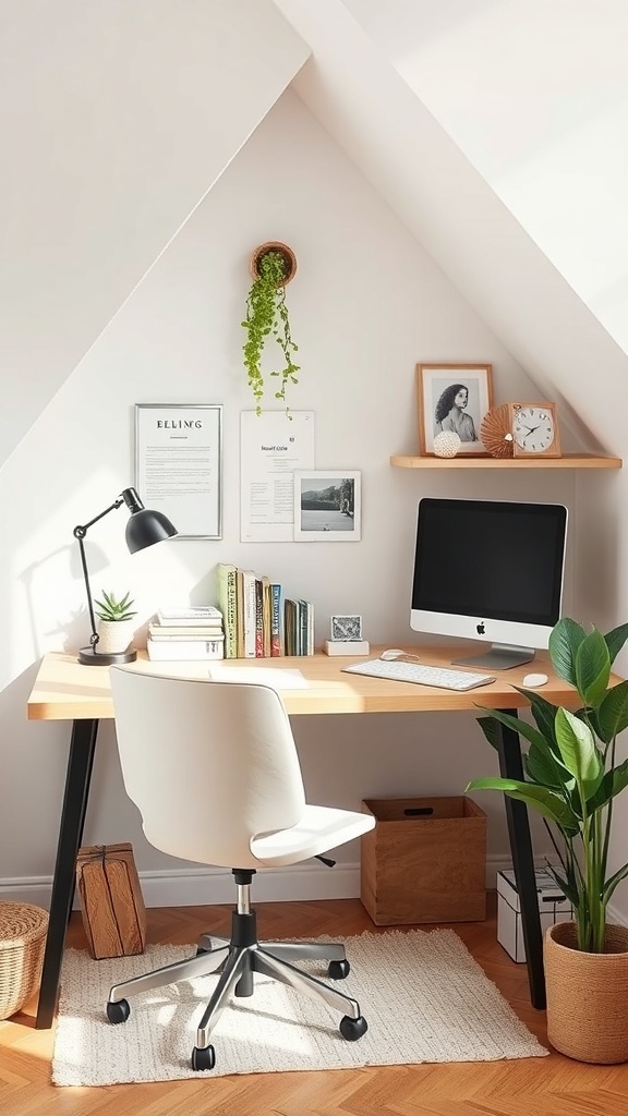 A minimalistic triangle nook workspace with a desk, chair, plants, and decorative items.