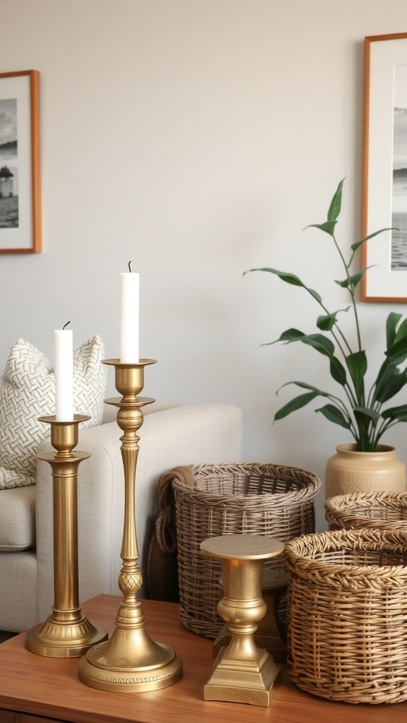 Decorative accessories in a living room, including brass candlesticks and woven baskets.
