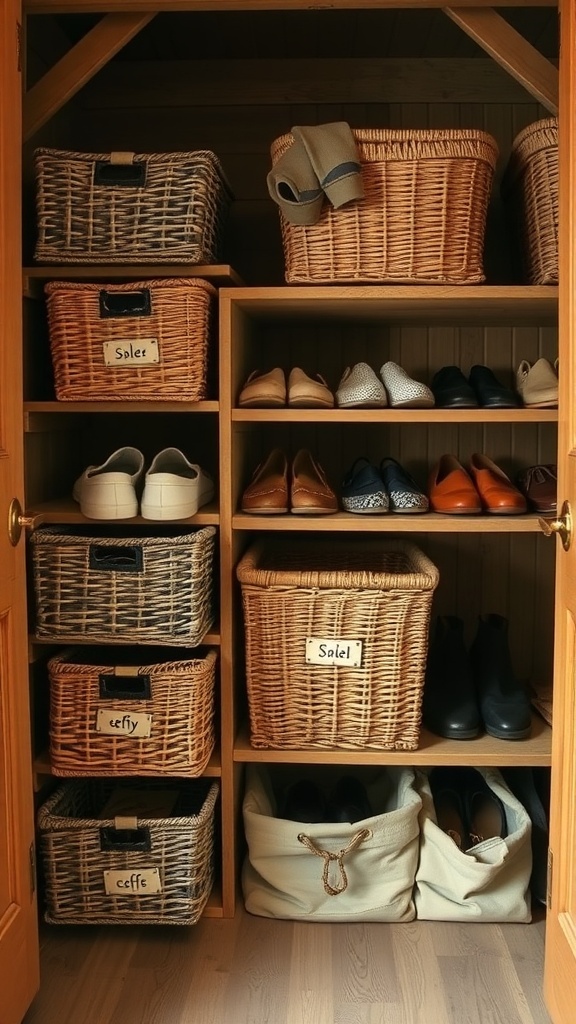 A closet organized with decorative baskets and woven bins for shoe storage.