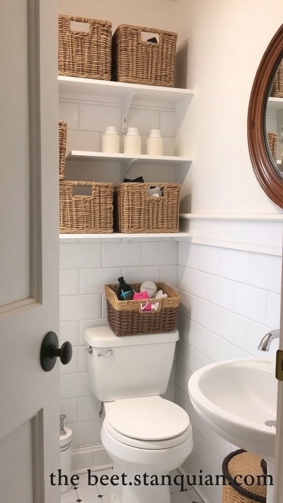Small bathroom with decorative baskets on floating shelves