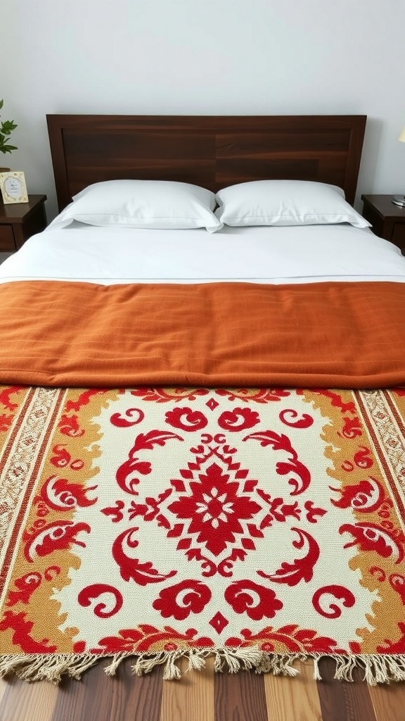 A cozy bed with a decorative bed runner featuring intricate red and orange patterns.