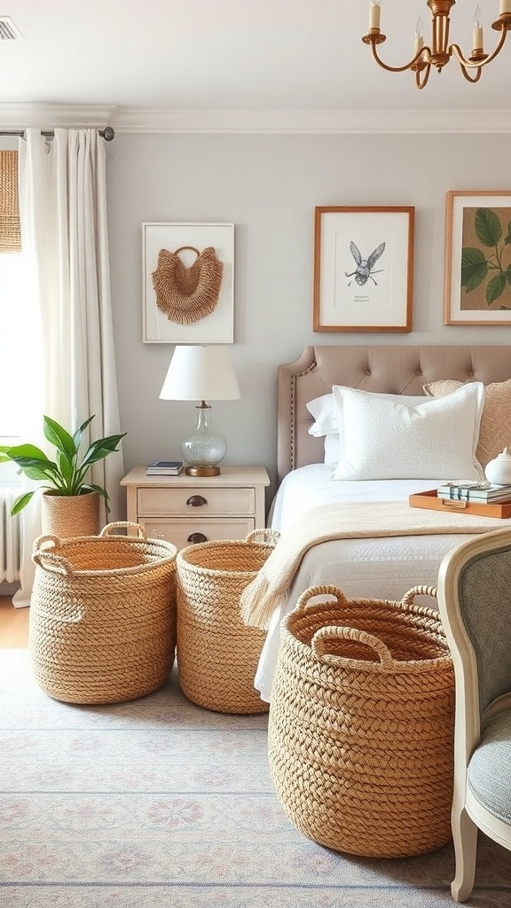 Decorative woven baskets in a cozy bedroom setting