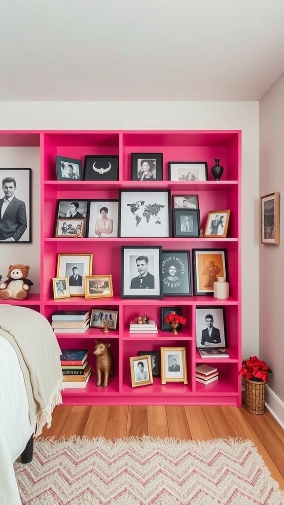 Bright pink decorative shelving under a bunk bed filled with framed photos, books, and playful decor.