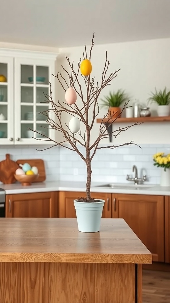 A decorative egg tree with pastel-colored eggs on a kitchen island.